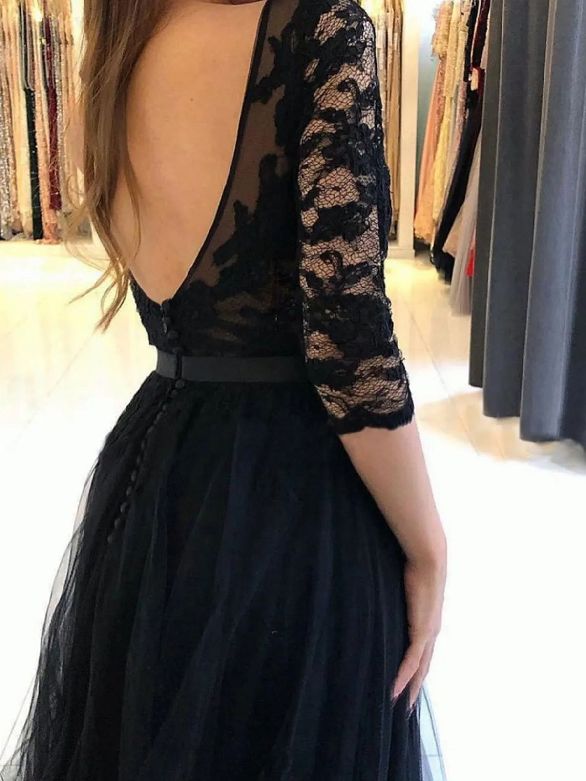 Half Sleeves Open Back Black Lace Long Prom Dresses with High Slit, Black Lace Formal Dresses, Black Evening Dresses