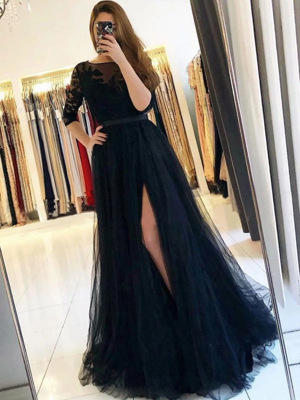 Half Sleeves Open Back Black Lace Long Prom Dresses with High Slit, Black Lace Formal Dresses, Black Evening Dresses