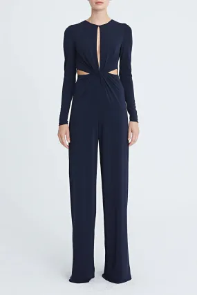 Halston Crew Neck Long Sleeve Keyhole Crossed Front Waist Cutout Solid Jersey Jumpsuit