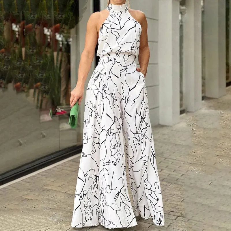 Halterneck Sleeveless Art Print Jumpsuit