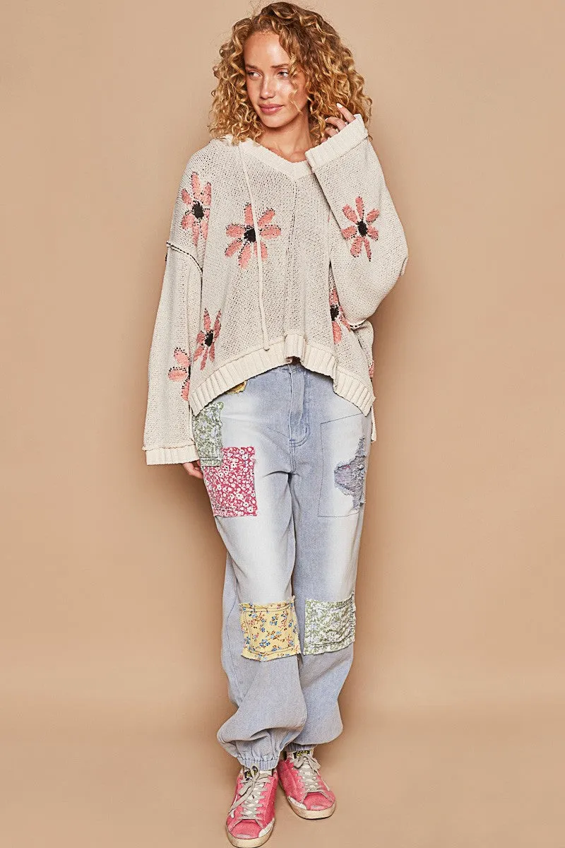 Hooded V-neck Floral Pattern Pullover Sweater