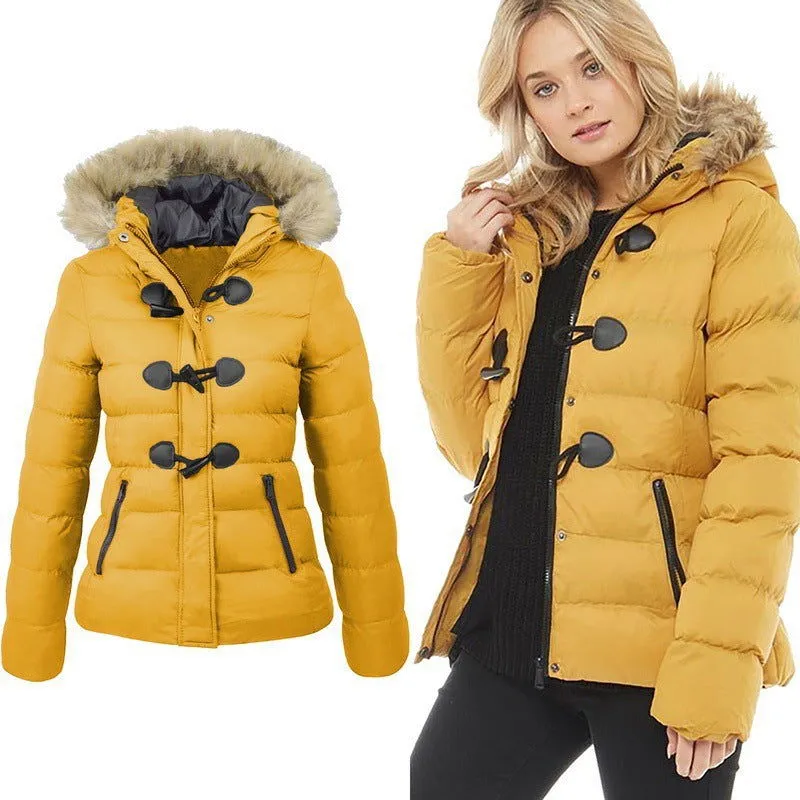 Horn Button Fur Hood Thick Padded Cotton Coats