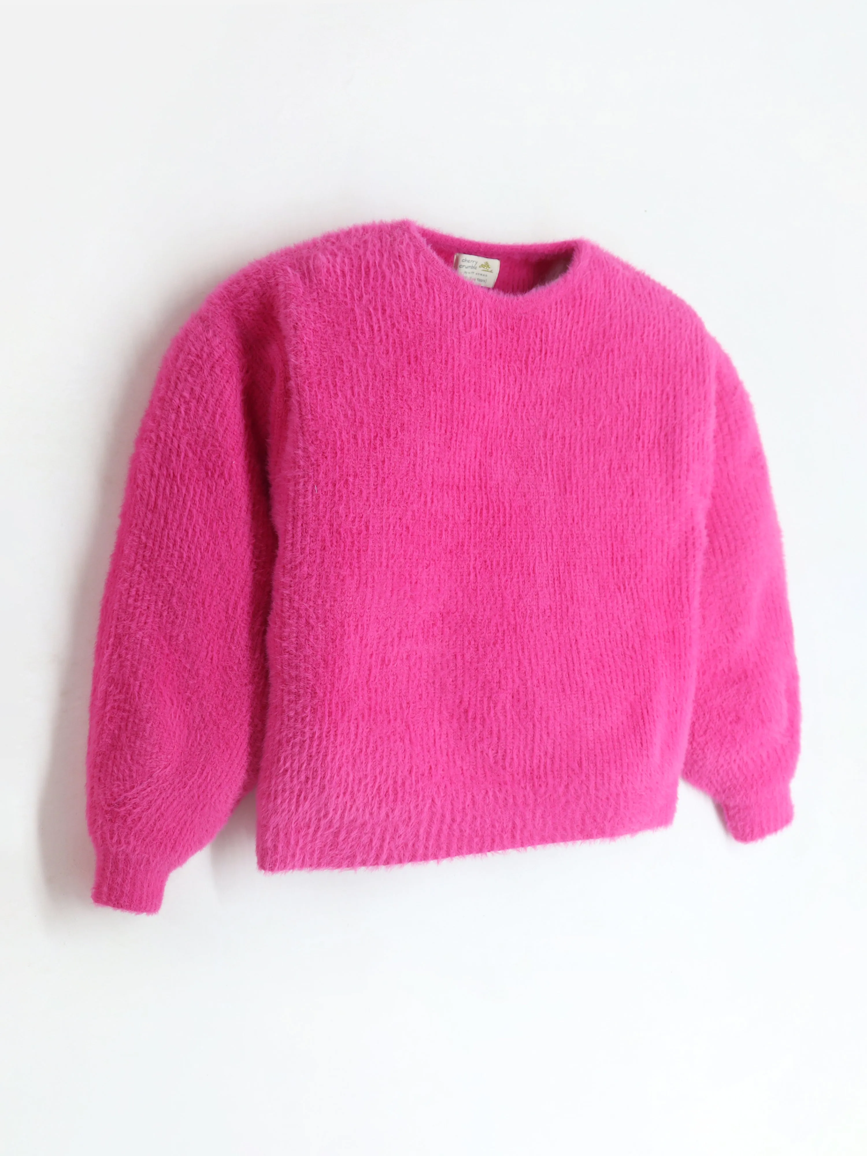 Hot Pink Puff Full Sleeve Warm Furry Solid Round Neck Sweater For Girls