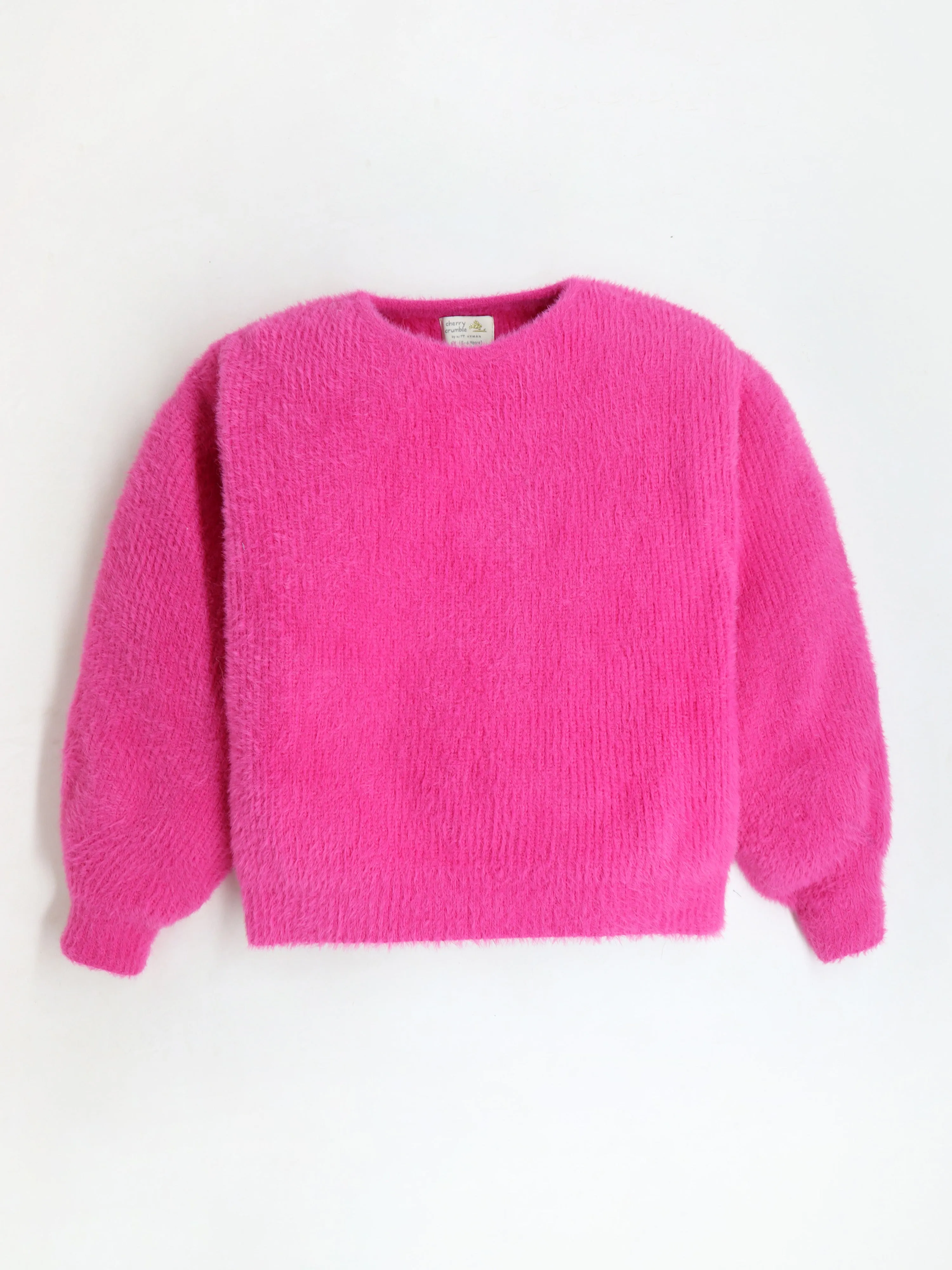 Hot Pink Puff Full Sleeve Warm Furry Solid Round Neck Sweater For Girls