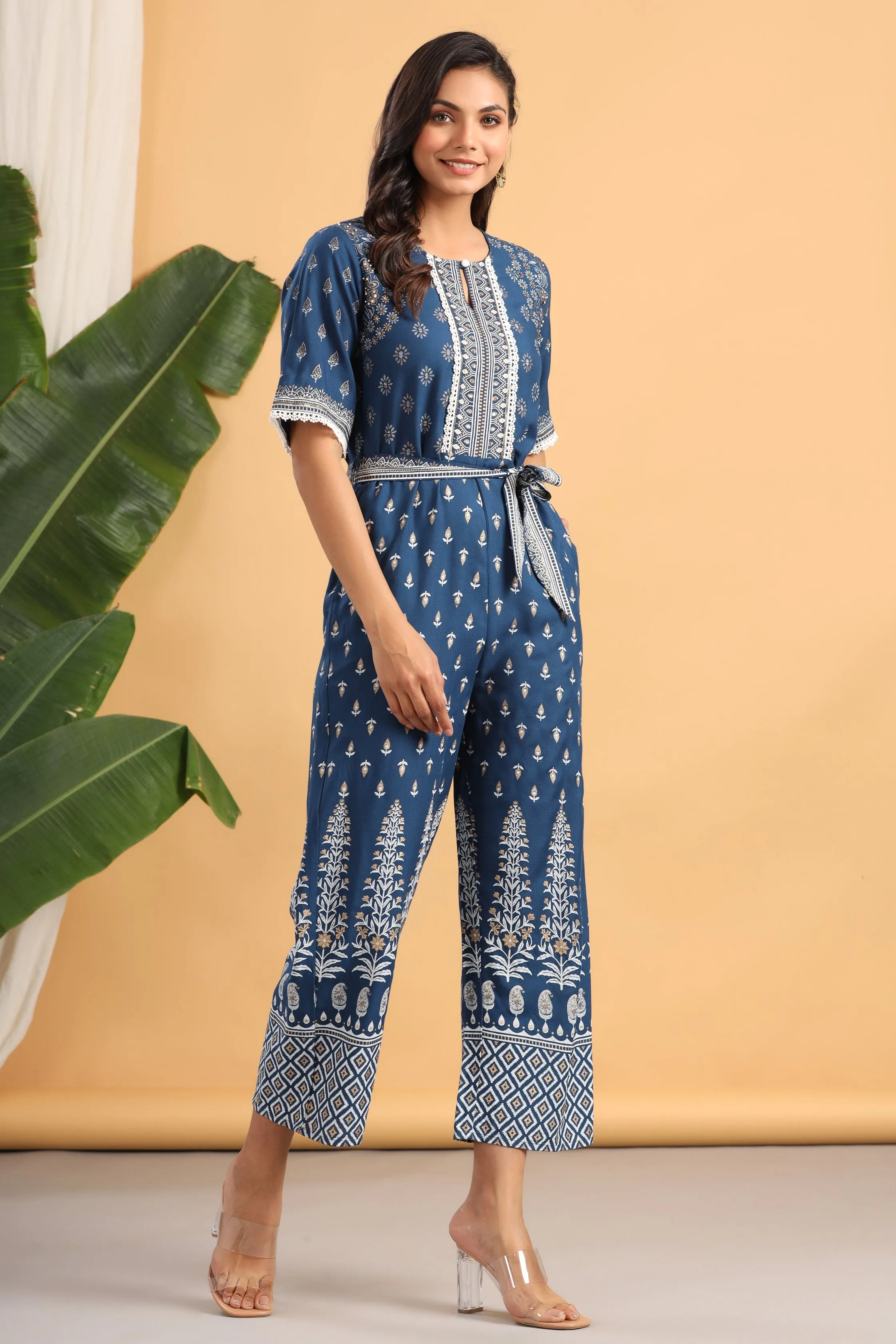 Indigo Rayon Printed Jumpsuit