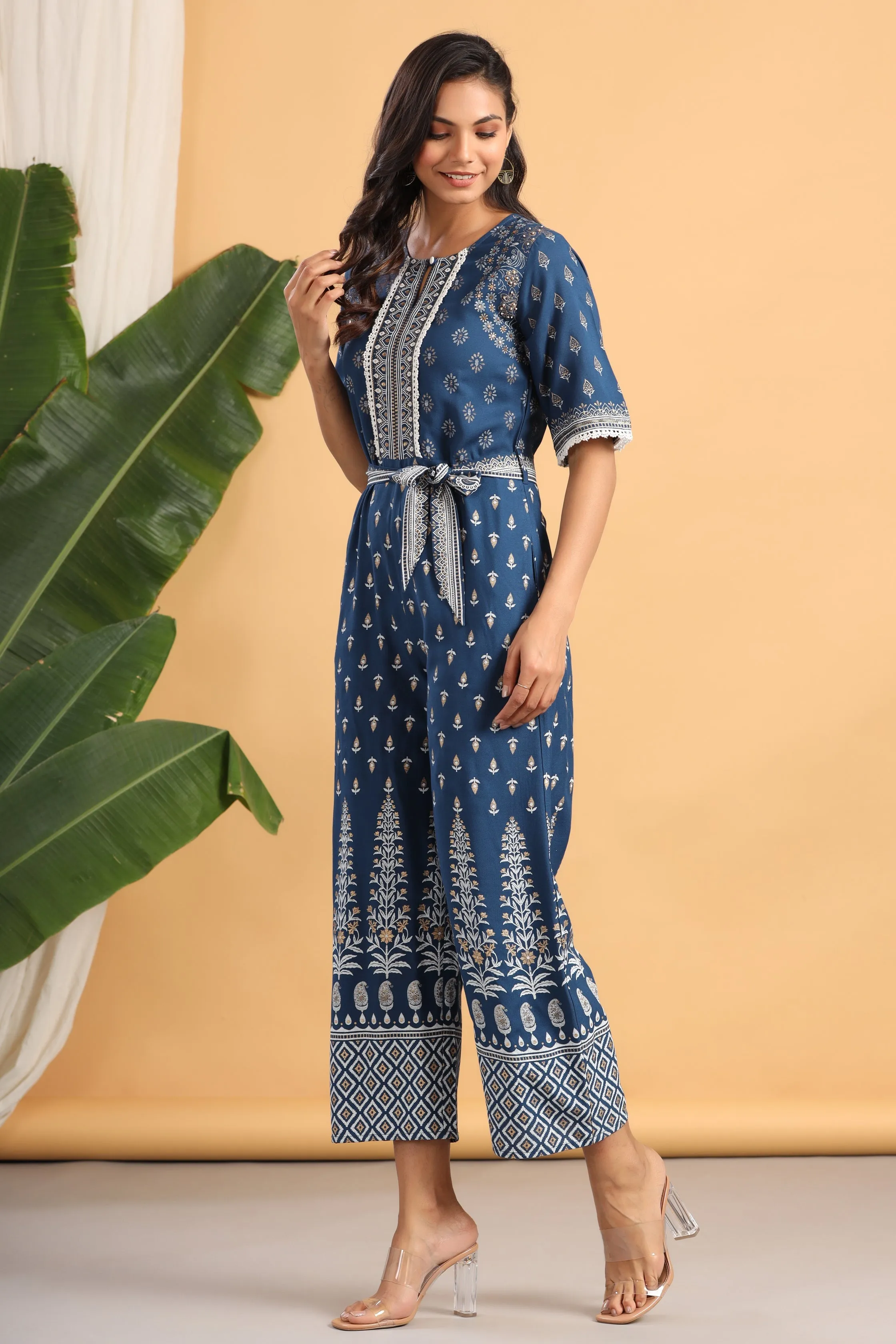 Indigo Rayon Printed Jumpsuit