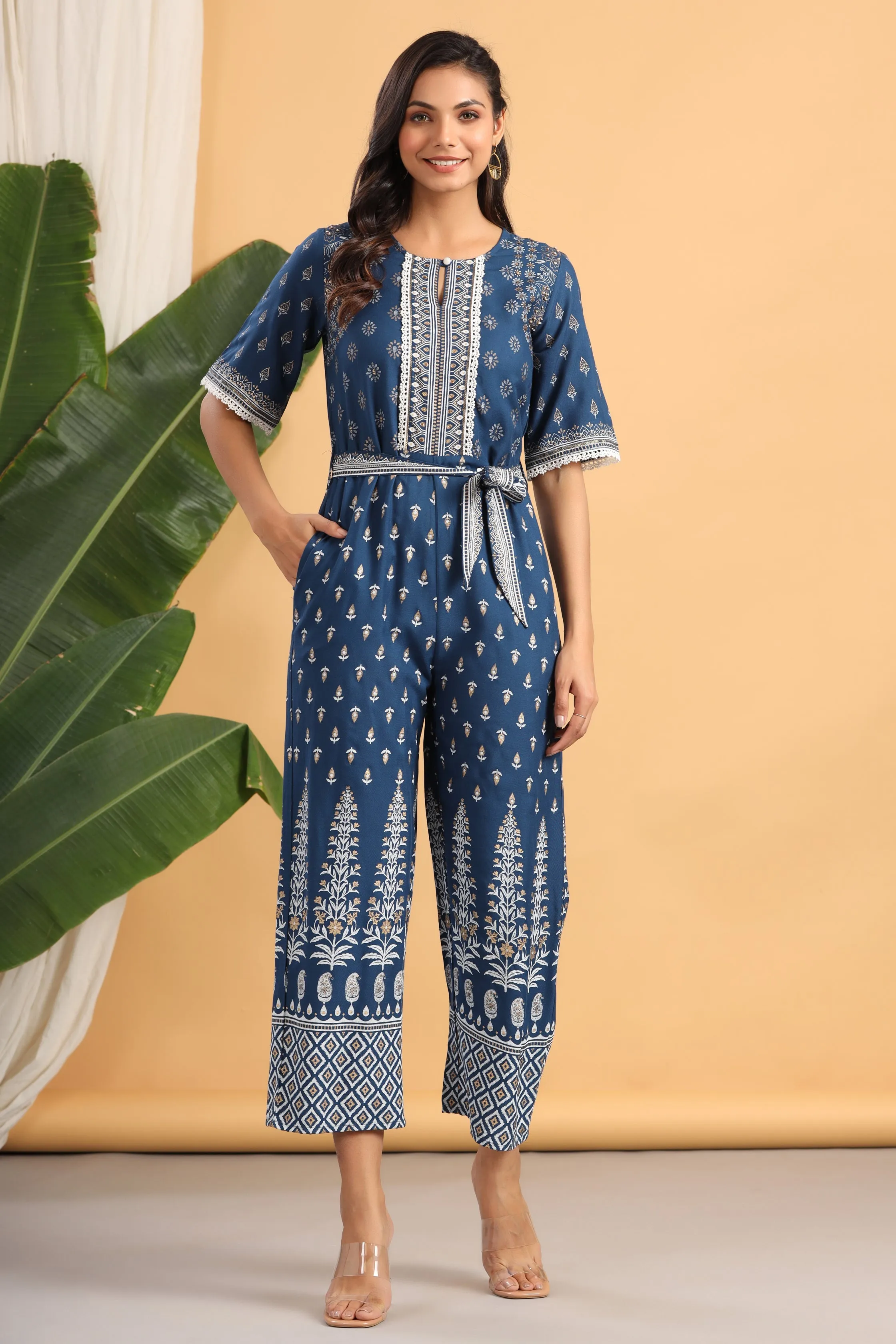 Indigo Rayon Printed Jumpsuit