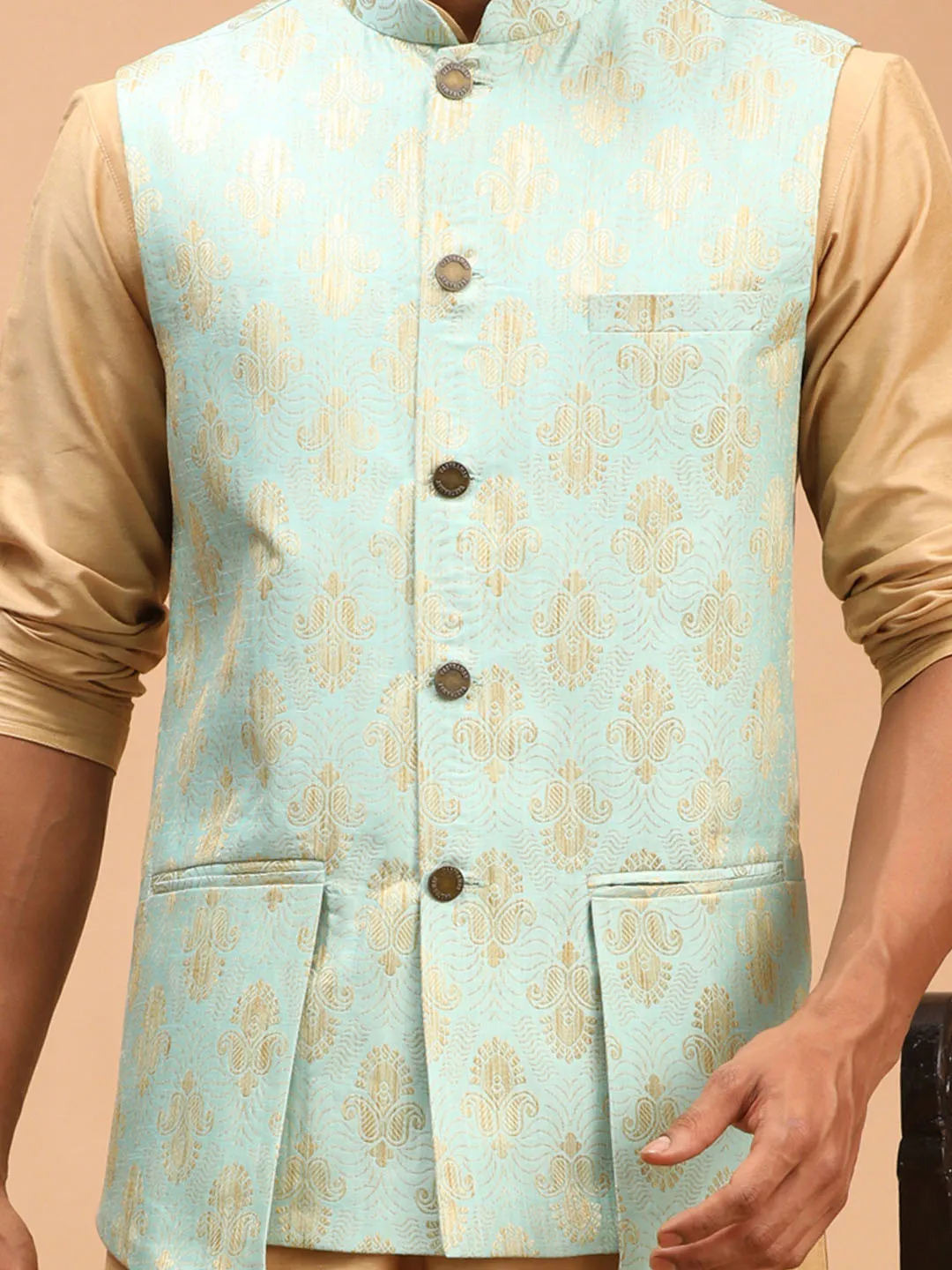 Jashvi Men's Green Woven Flap Pocket Ethnic Jacket