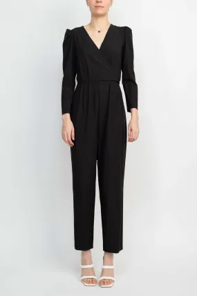 Julia Jordan V-Neck Long Sleeve Tie Side Zipper Back Solid Stretch Crepe Jumpsuit