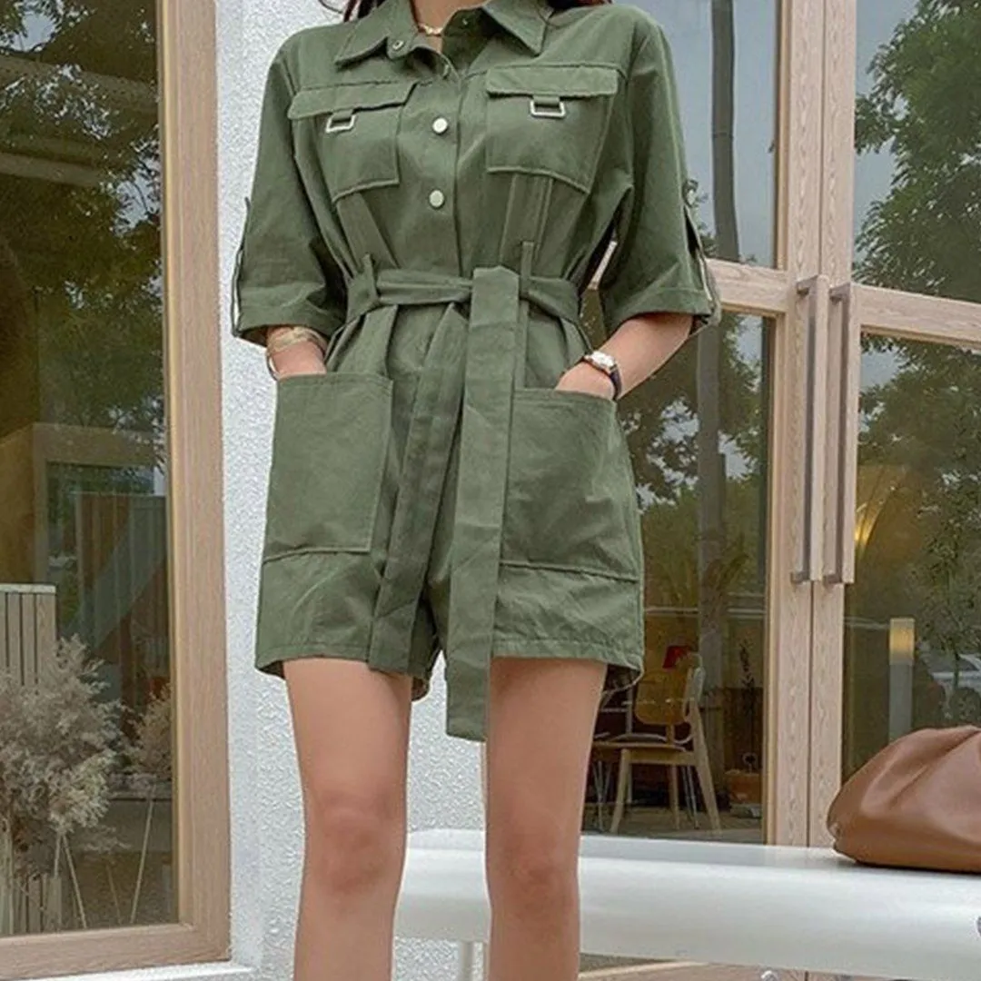 Jumpsuit With Belt Bodysuit Women Pockets Overalls for Women Romper