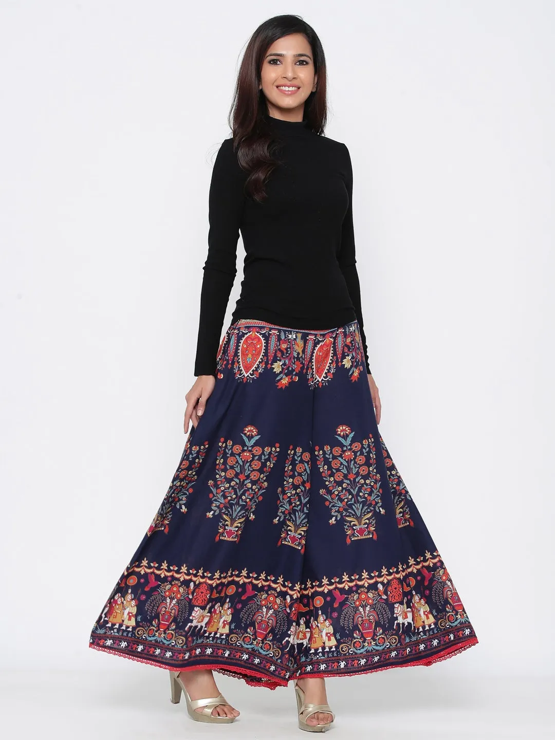 Juniper Indigo Ethnic Motif Printed Flared Cotton Women Palazzo With One Pocket