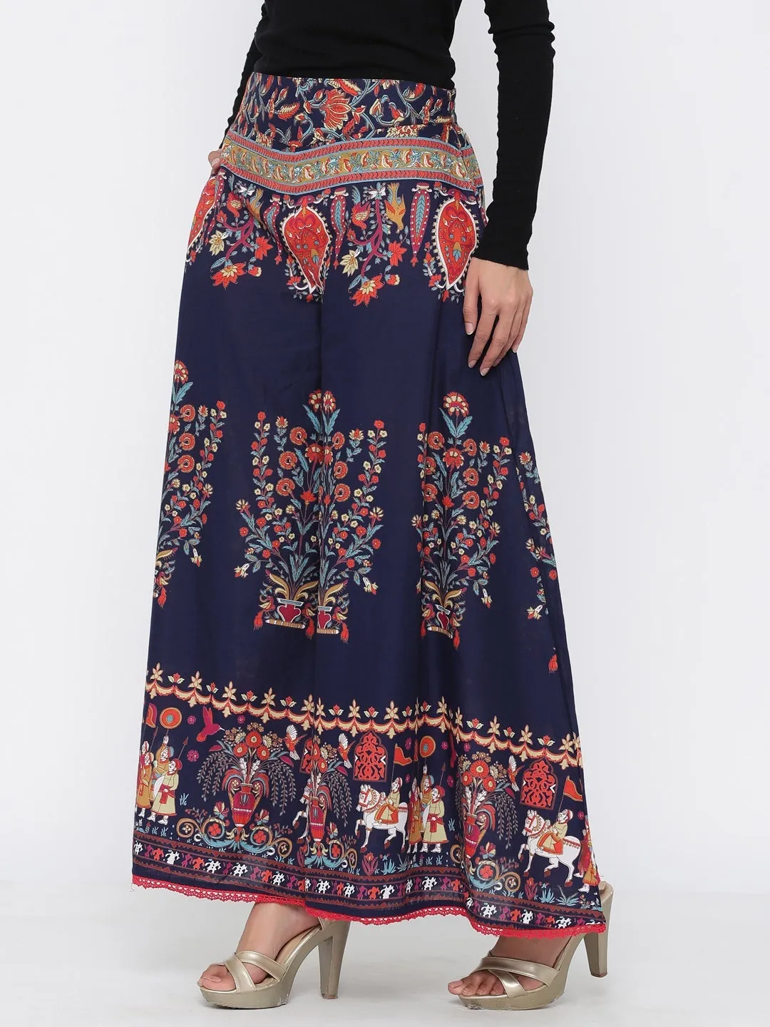 Juniper Indigo Ethnic Motif Printed Flared Cotton Women Palazzo With One Pocket