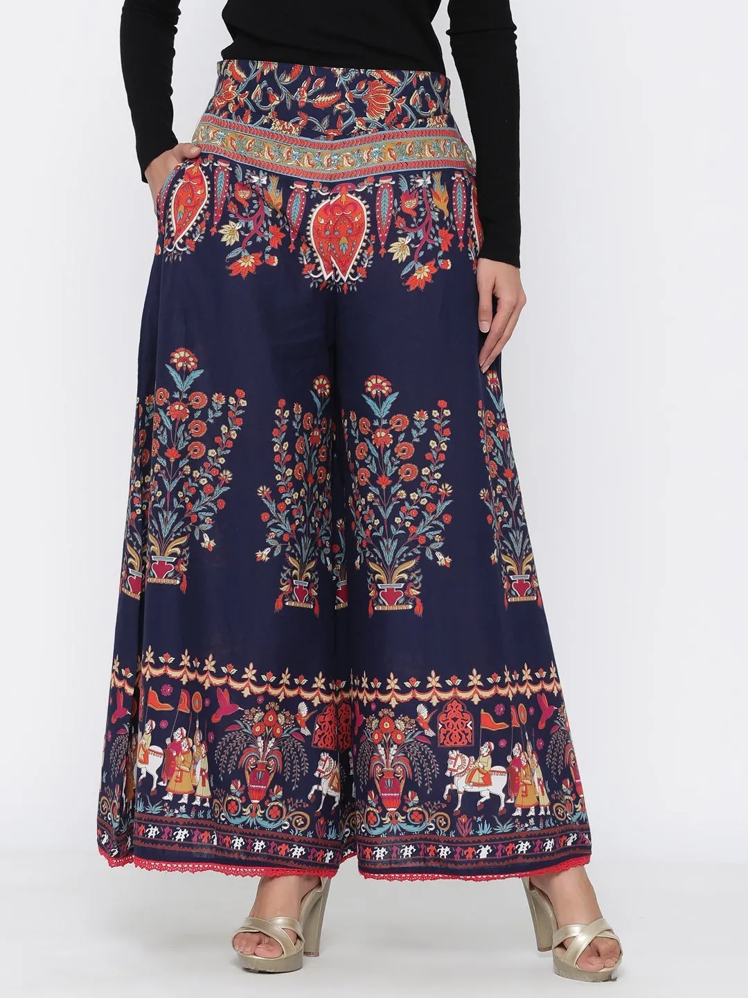 Juniper Indigo Ethnic Motif Printed Flared Cotton Women Palazzo With One Pocket