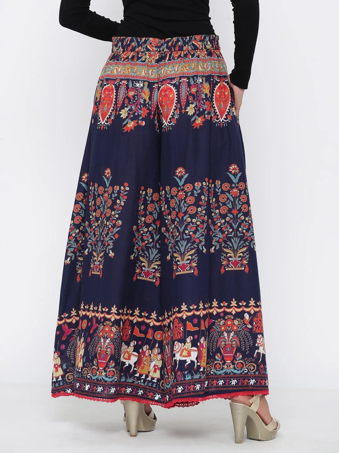 Juniper Indigo Ethnic Motif Printed Flared Cotton Women Palazzo With One Pocket