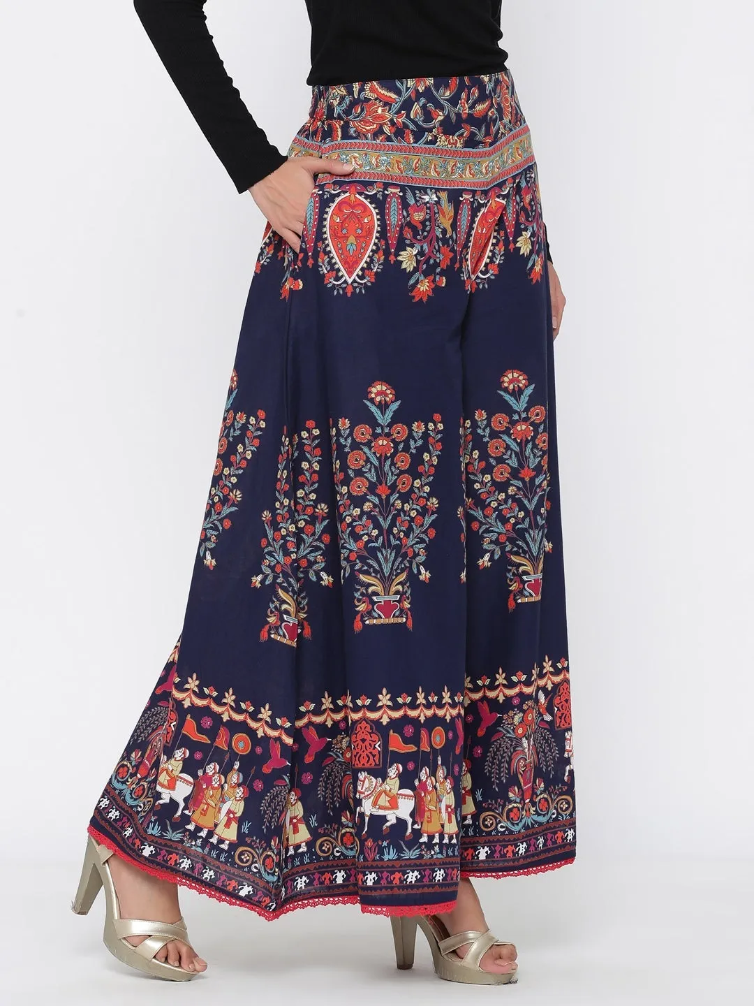 Juniper Indigo Ethnic Motif Printed Flared Cotton Women Palazzo With One Pocket