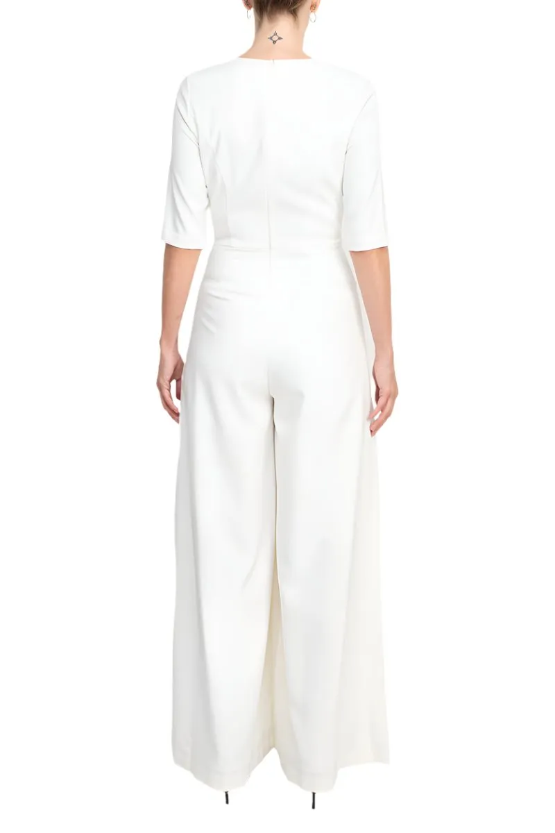 Kay Unger jewel neck elbow sleeve pleated front fitted bodice wide legs zipper back scuba crepe jumpsuit