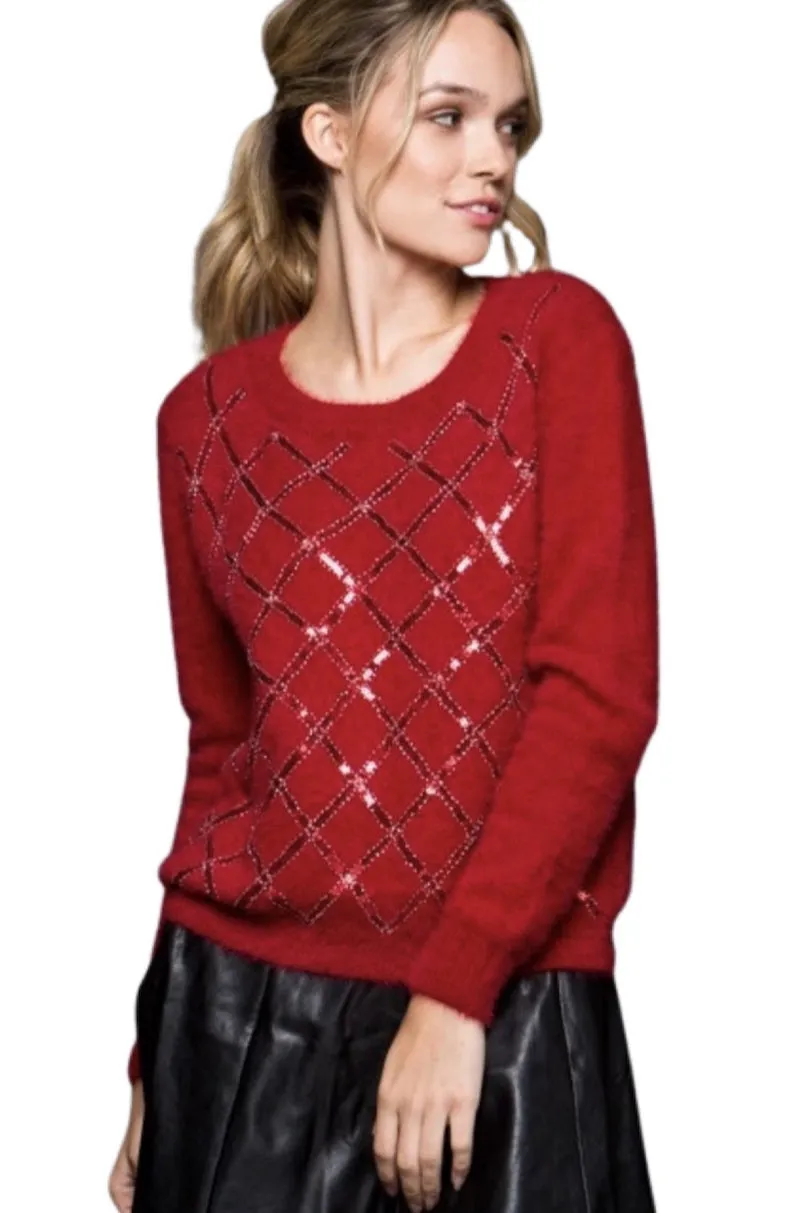 Knit Diamond Shaped Sequin Sweater 12002