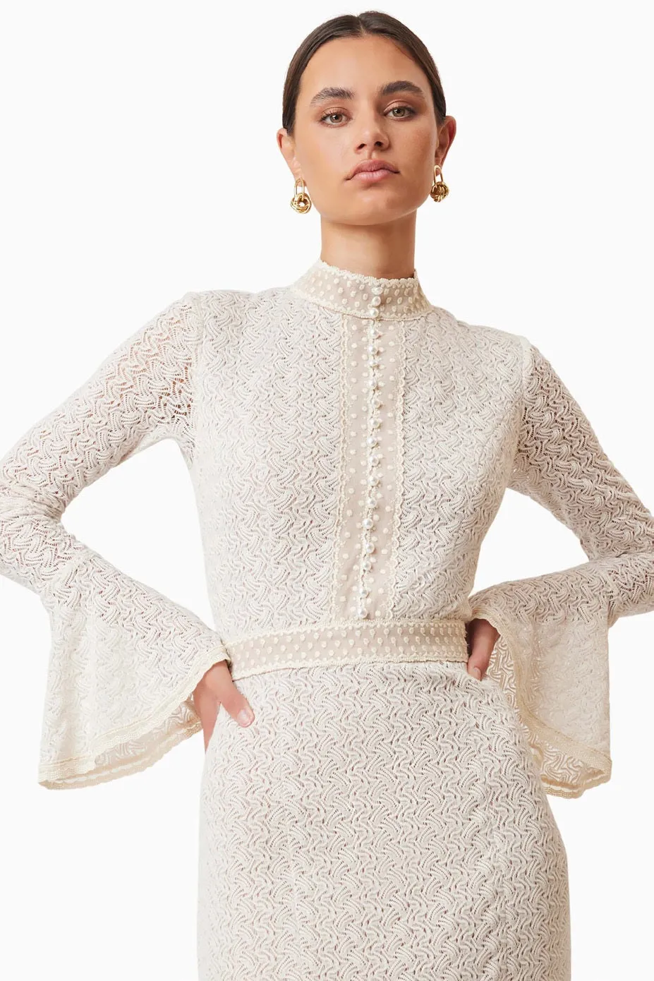 Knit Lace Long Sleeve Midi - Ivory