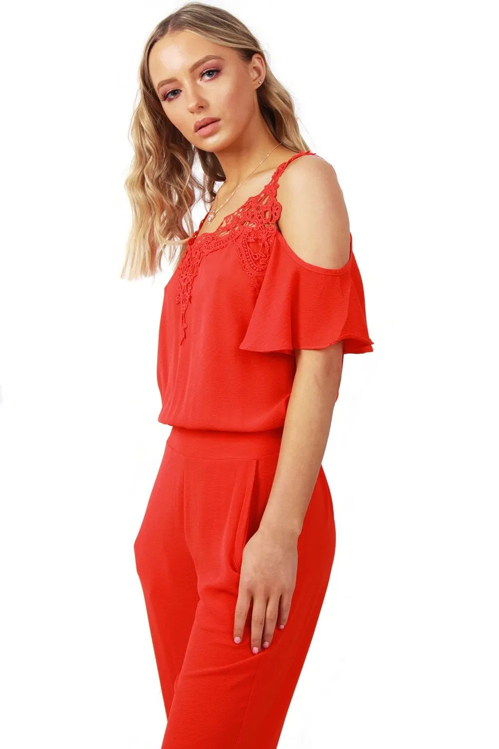 Lace Applique Cold Shoulder Ruffle Sleeve Jumpsuit