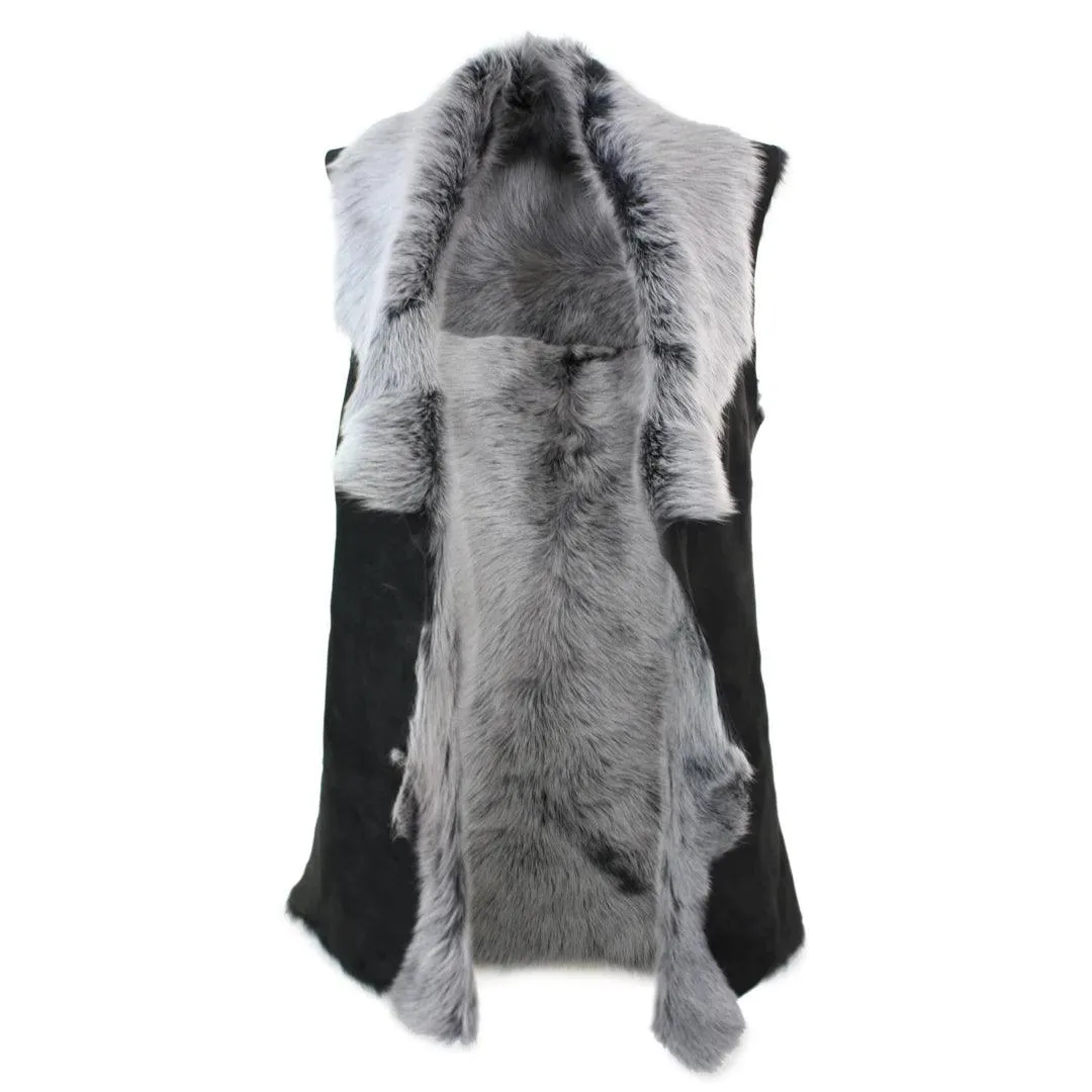 Ladies Women Real Spanish Toscana Shearling Sheepskin Black Grey Leather Waistcoat Gilet