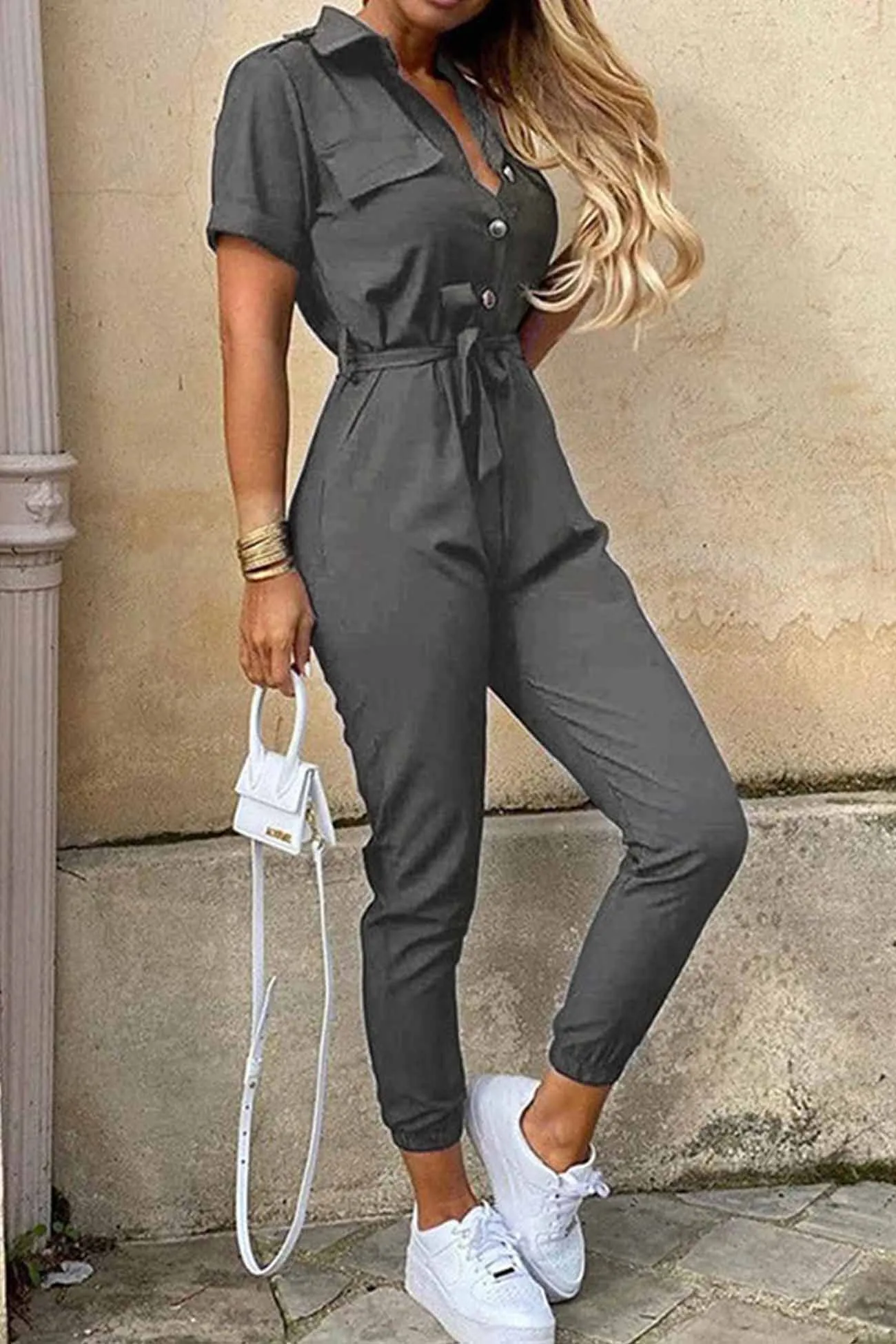 Lapel Button Waist Tie Short Sleeve Jumpsuit