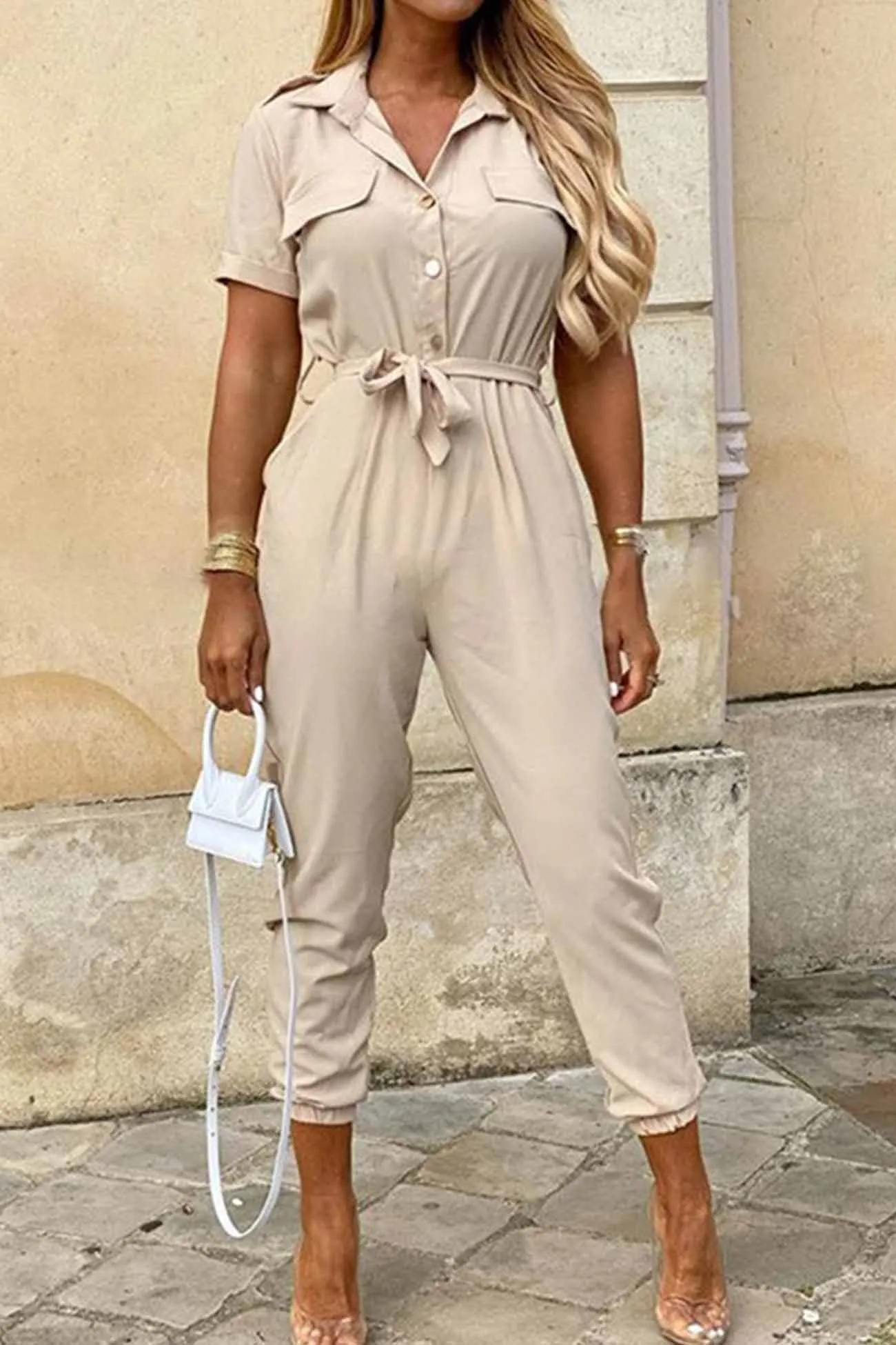 Lapel Button Waist Tie Short Sleeve Jumpsuit