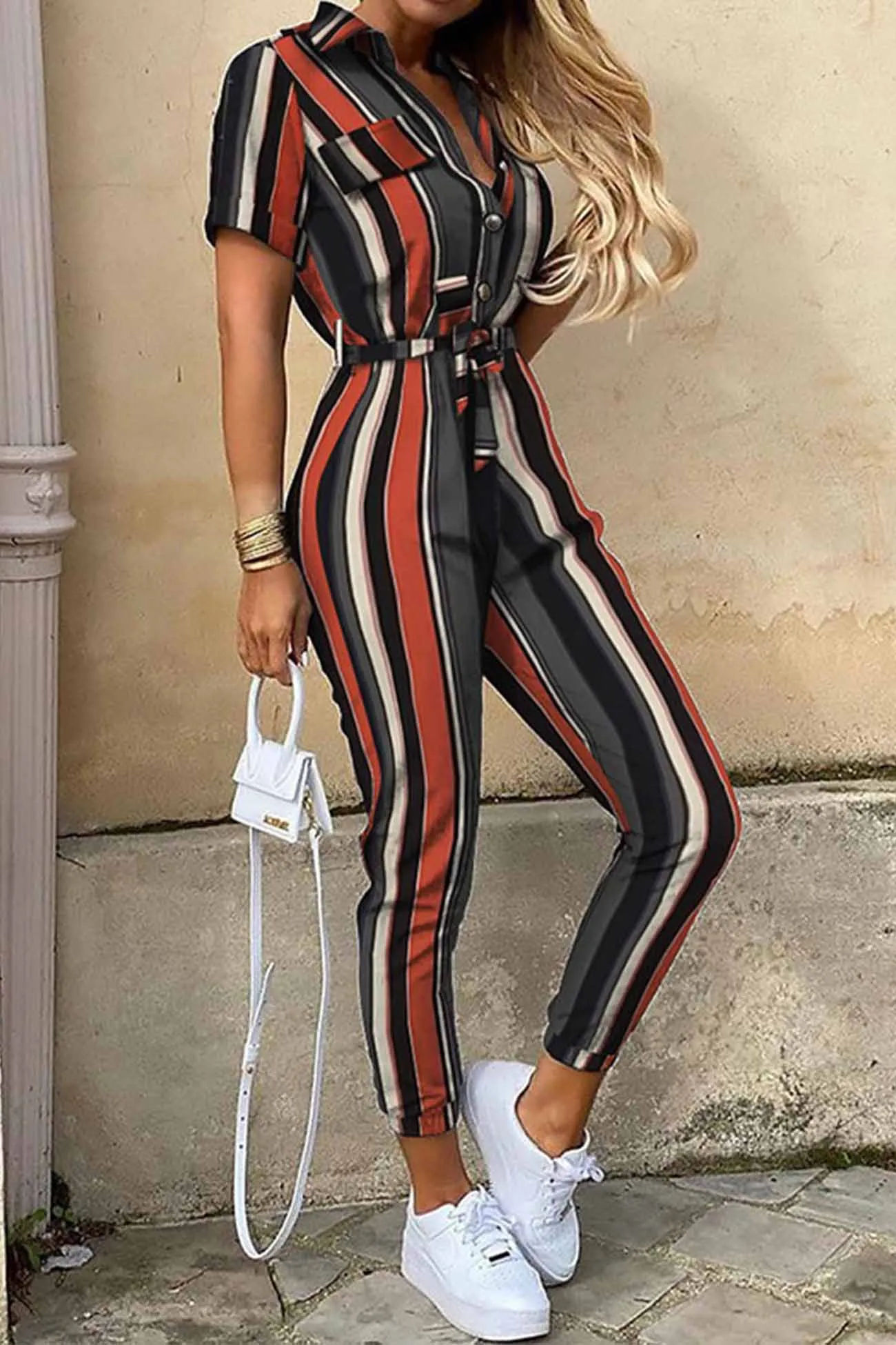 Lapel Button Waist Tie Short Sleeve Jumpsuit