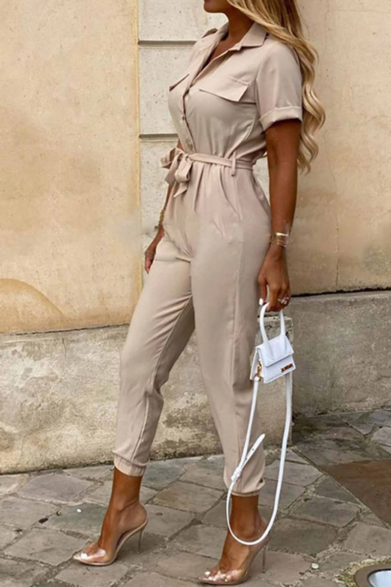 Lapel Button Waist Tie Short Sleeve Jumpsuit