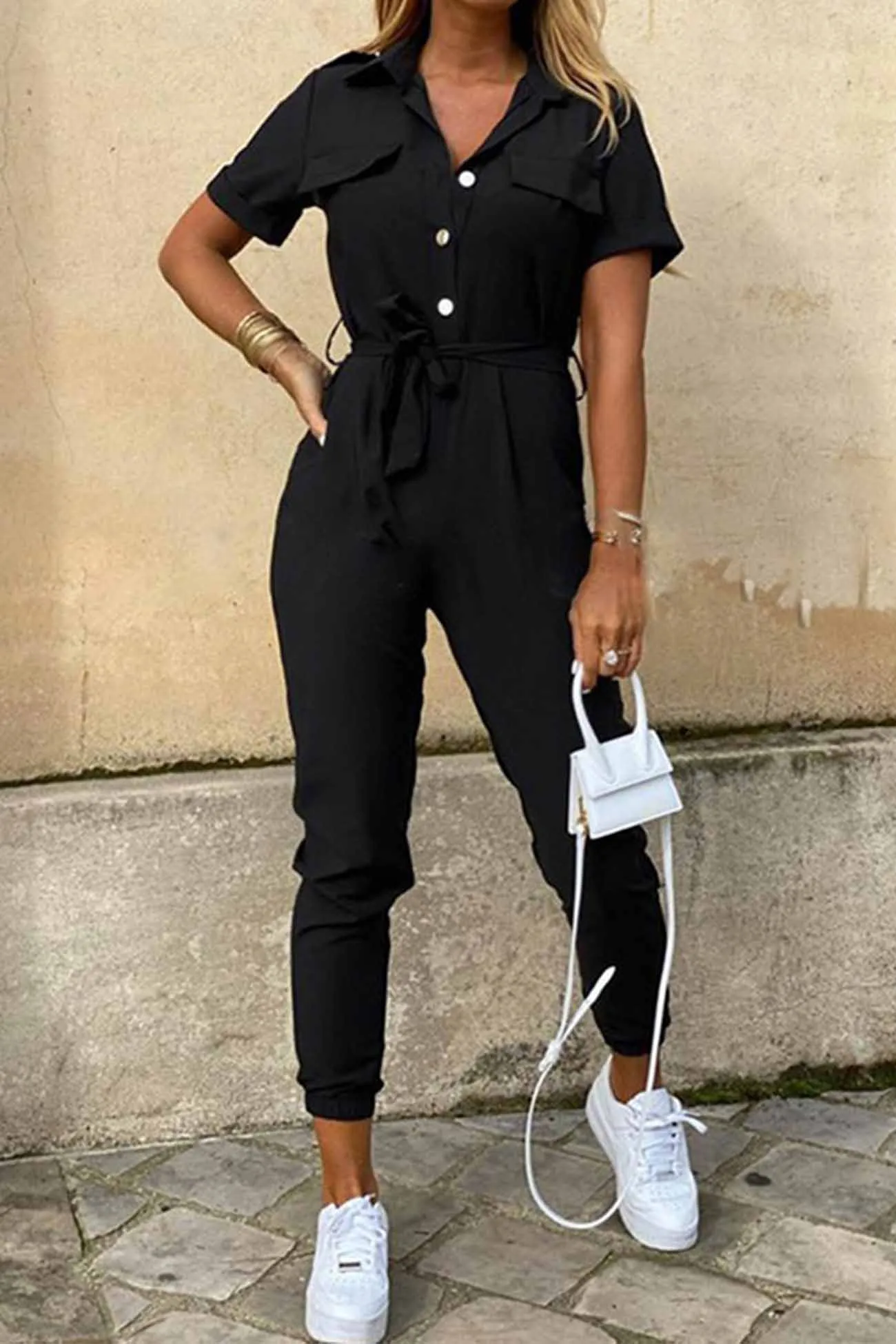 Lapel Button Waist Tie Short Sleeve Jumpsuit