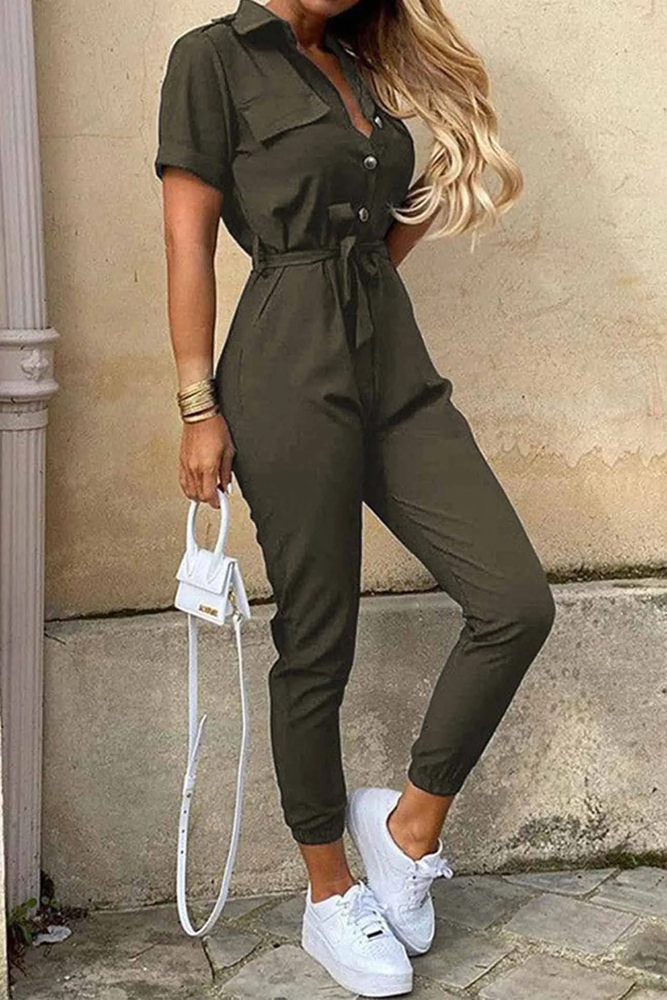 Lapel Button Waist Tie Short Sleeve Jumpsuit