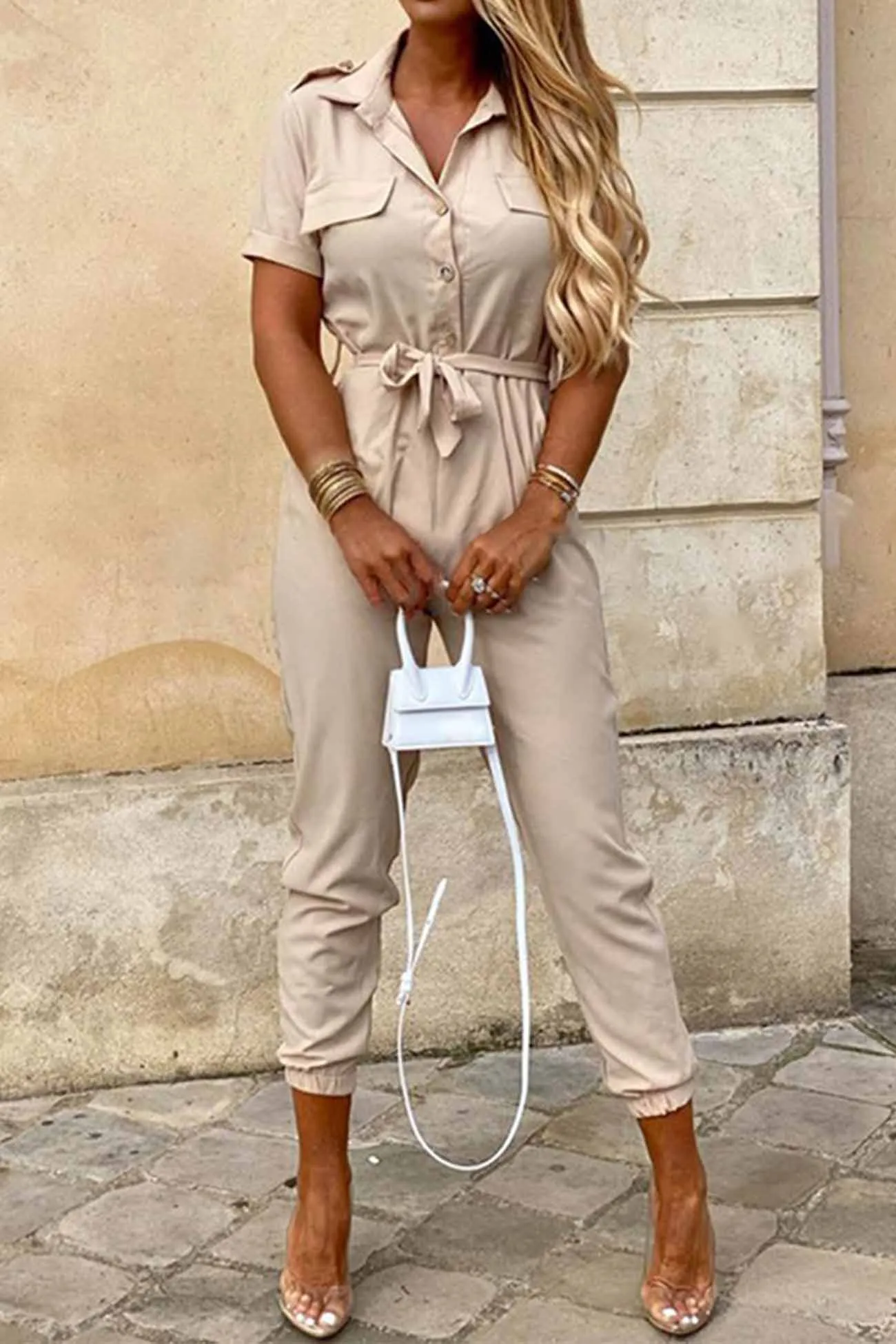 Lapel Button Waist Tie Short Sleeve Jumpsuit