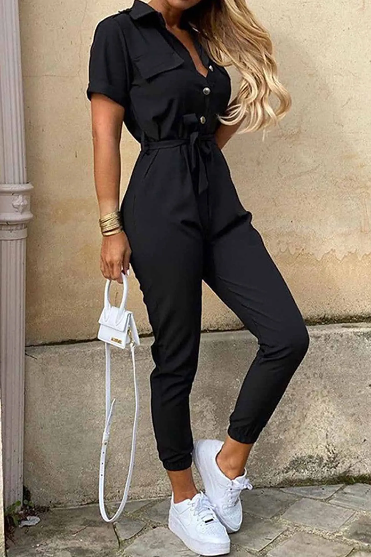 Lapel Button Waist Tie Short Sleeve Jumpsuit