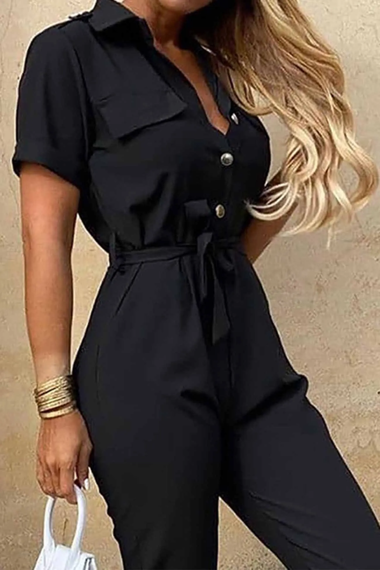 Lapel Button Waist Tie Short Sleeve Jumpsuit