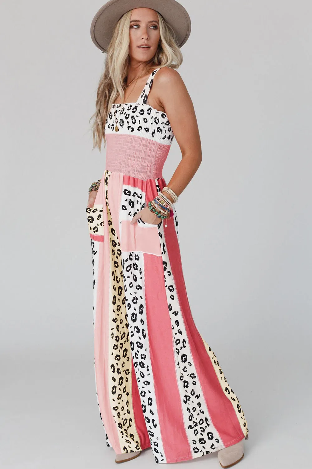 Leopard Color Block Mix Print Pocketed Jumpsuit