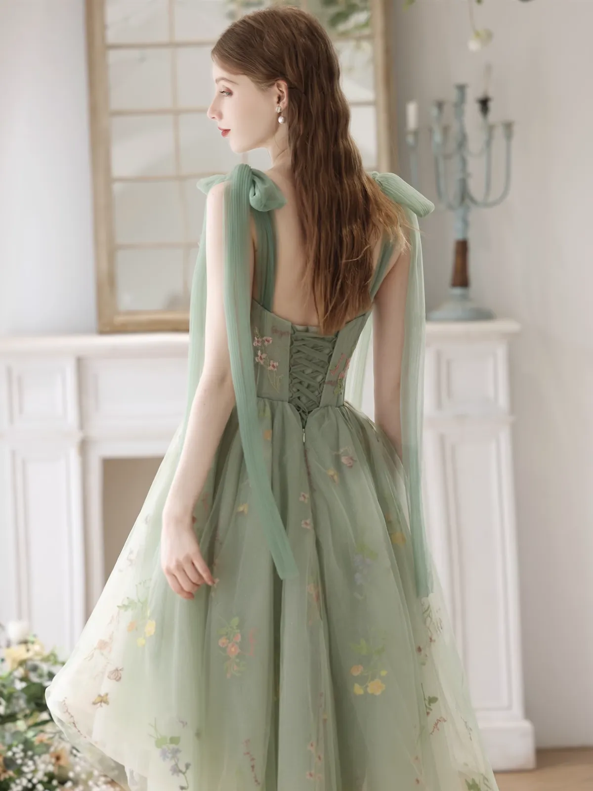 Light Green High Low Sweetheart Straps Formal Dress, Floral Tulle Homecoming Dress