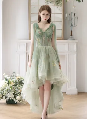 Light Green High Low Sweetheart Straps Formal Dress, Floral Tulle Homecoming Dress