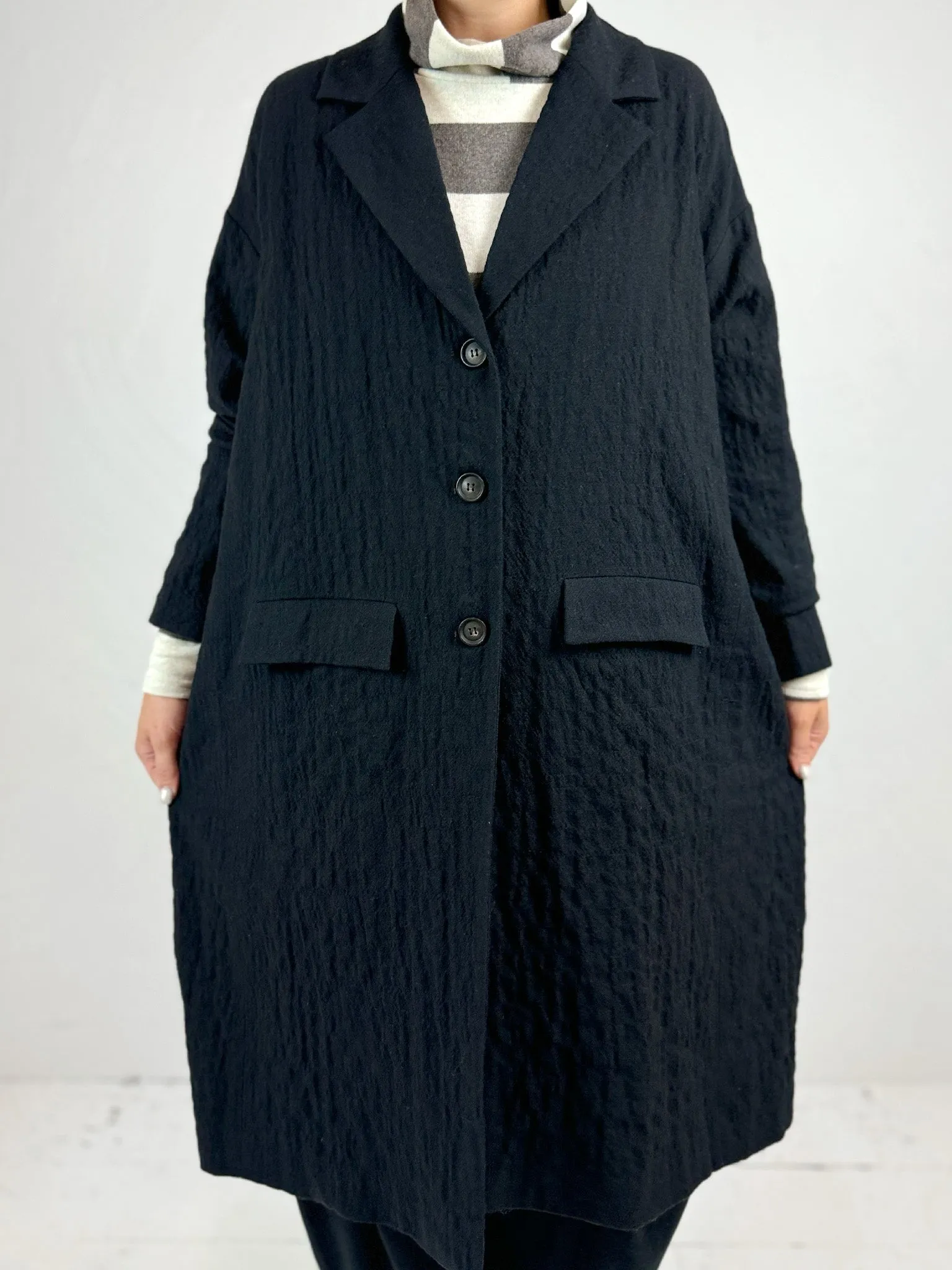 Long Black Crinkle Effect Coat