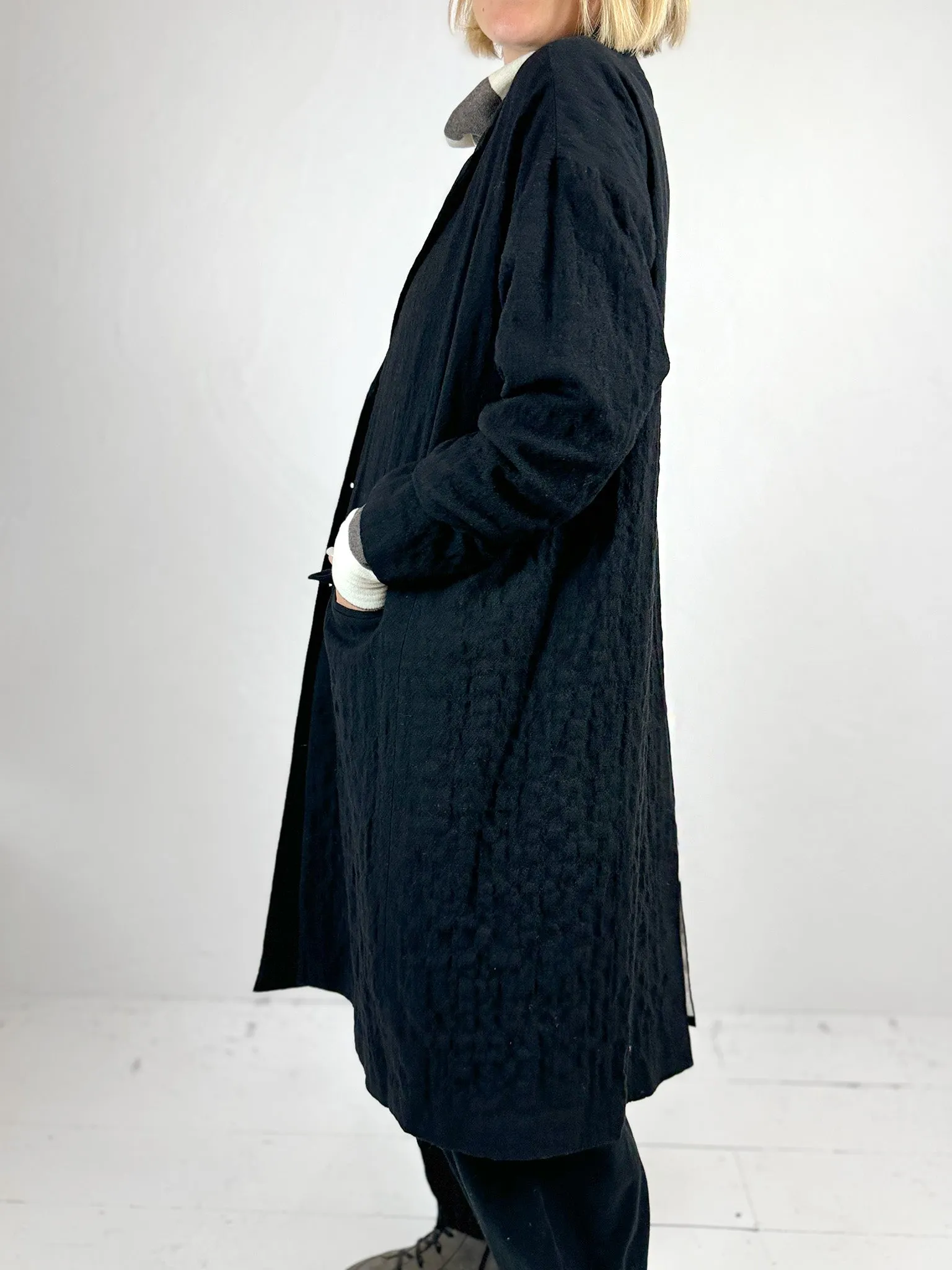 Long Black Crinkle Effect Coat