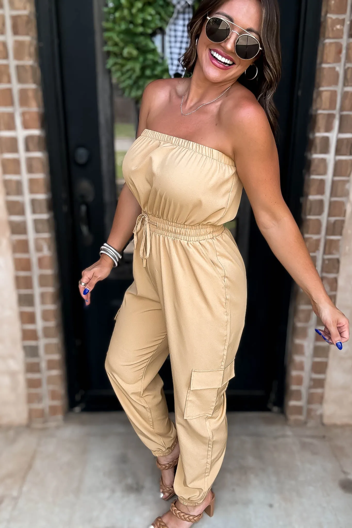 Long Khaki Cargo Drawstring Jogger Jumpsuit