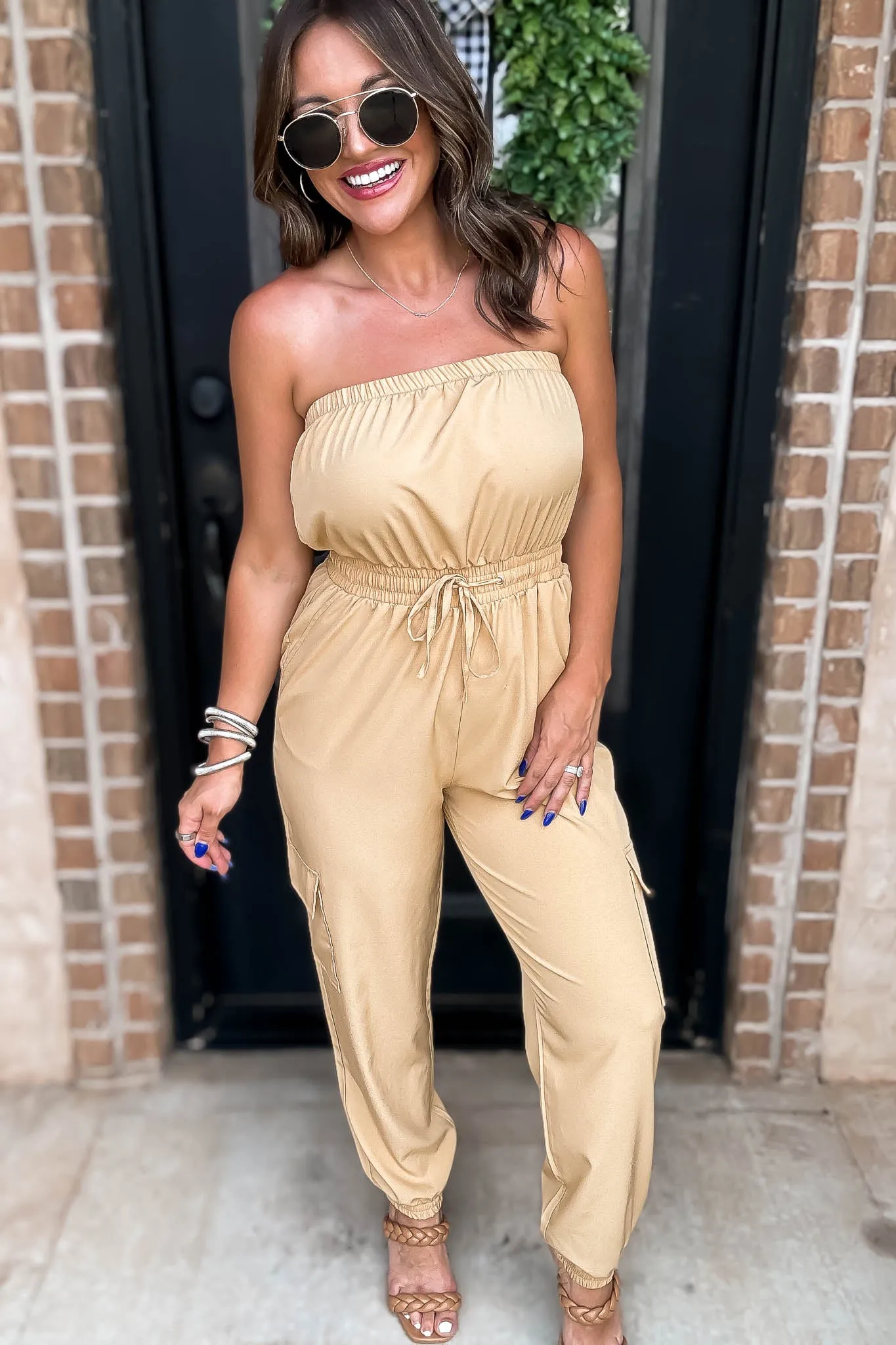 Long Khaki Cargo Drawstring Jogger Jumpsuit