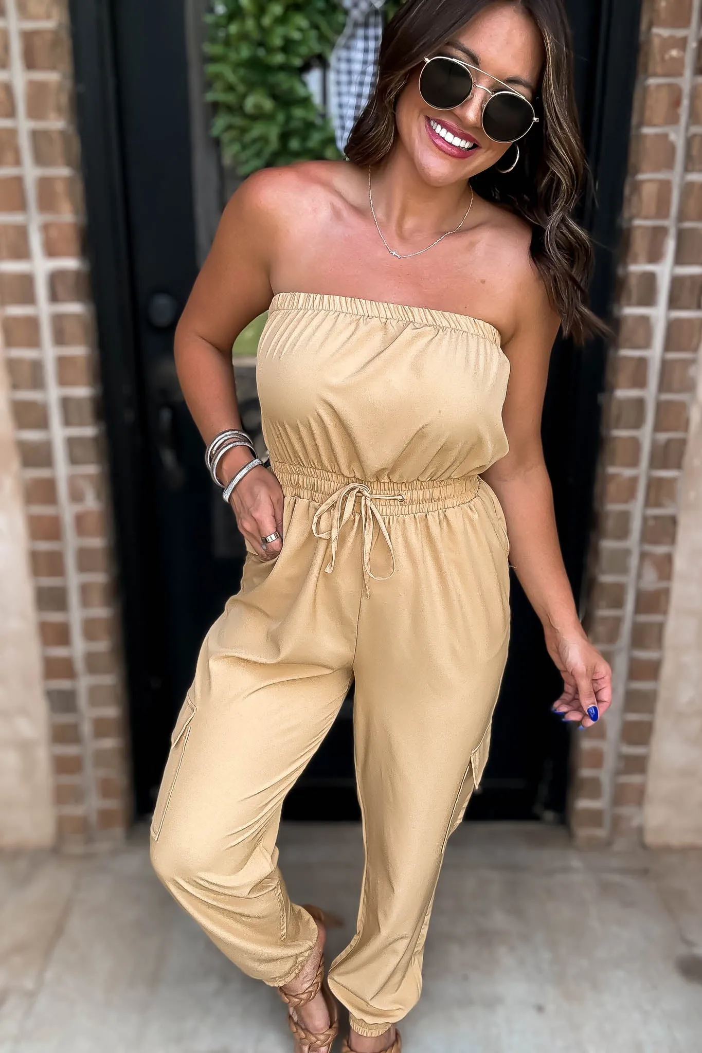 Long Khaki Cargo Drawstring Jogger Jumpsuit