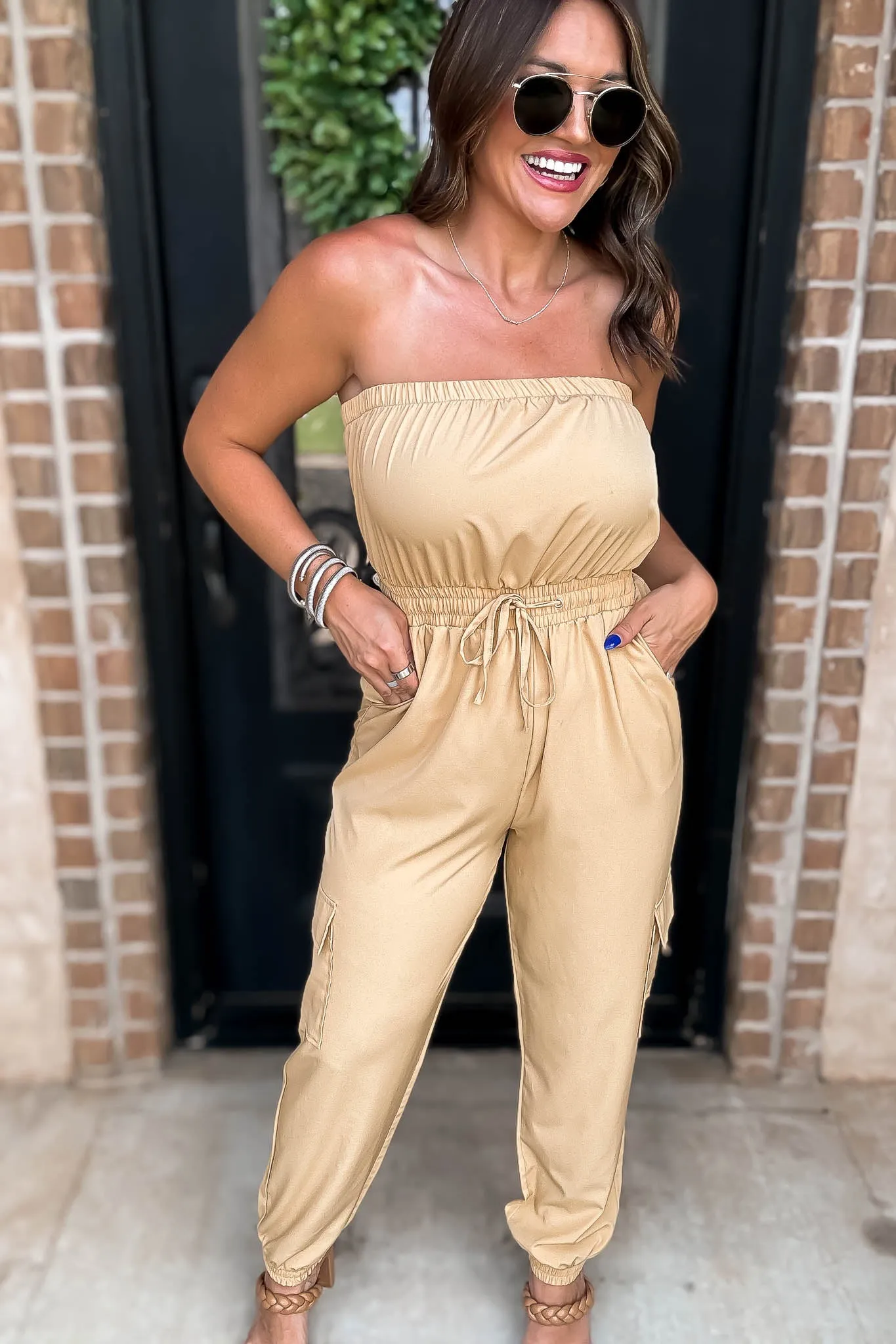 Long Khaki Cargo Drawstring Jogger Jumpsuit