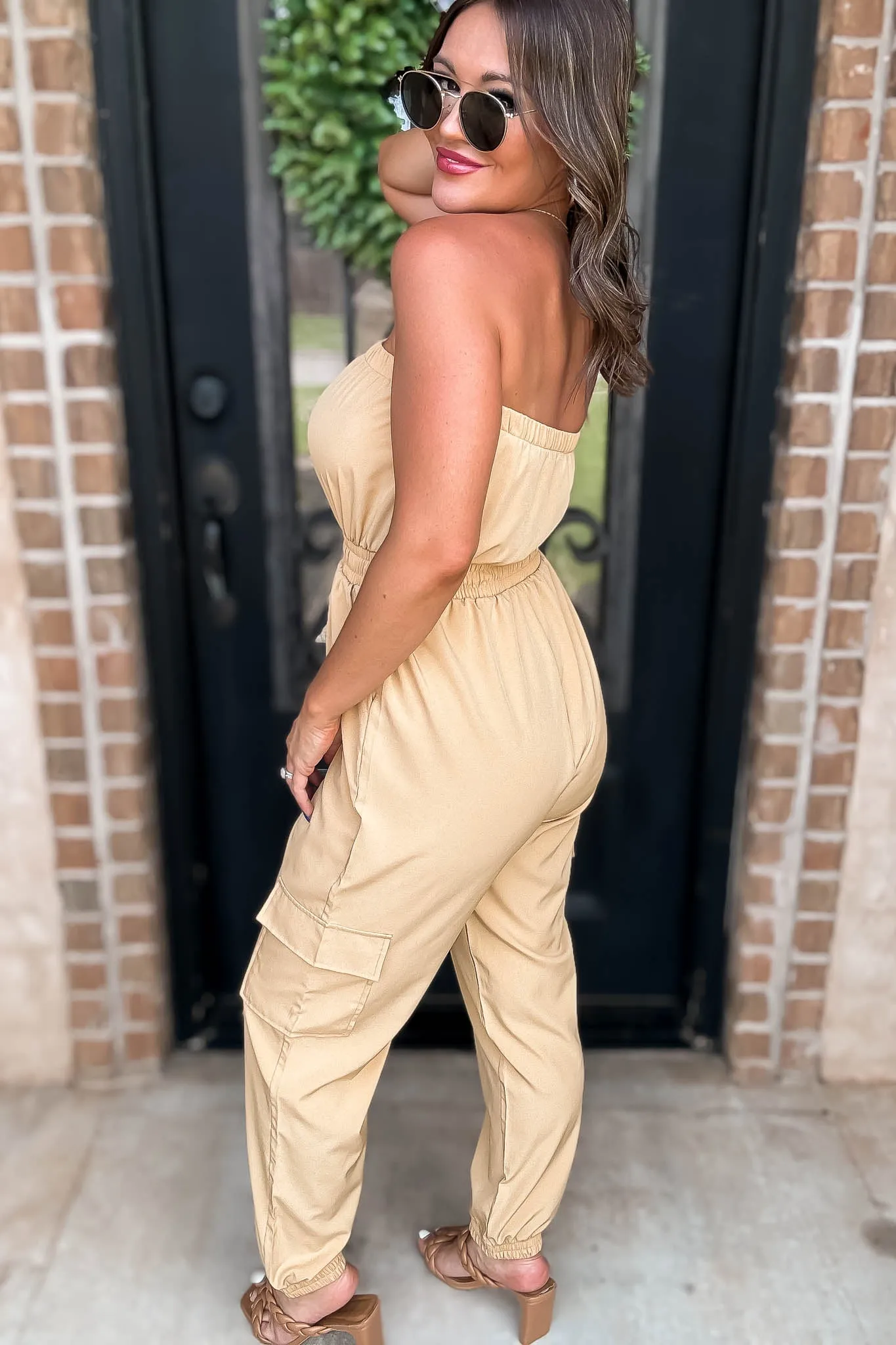 Long Khaki Cargo Drawstring Jogger Jumpsuit