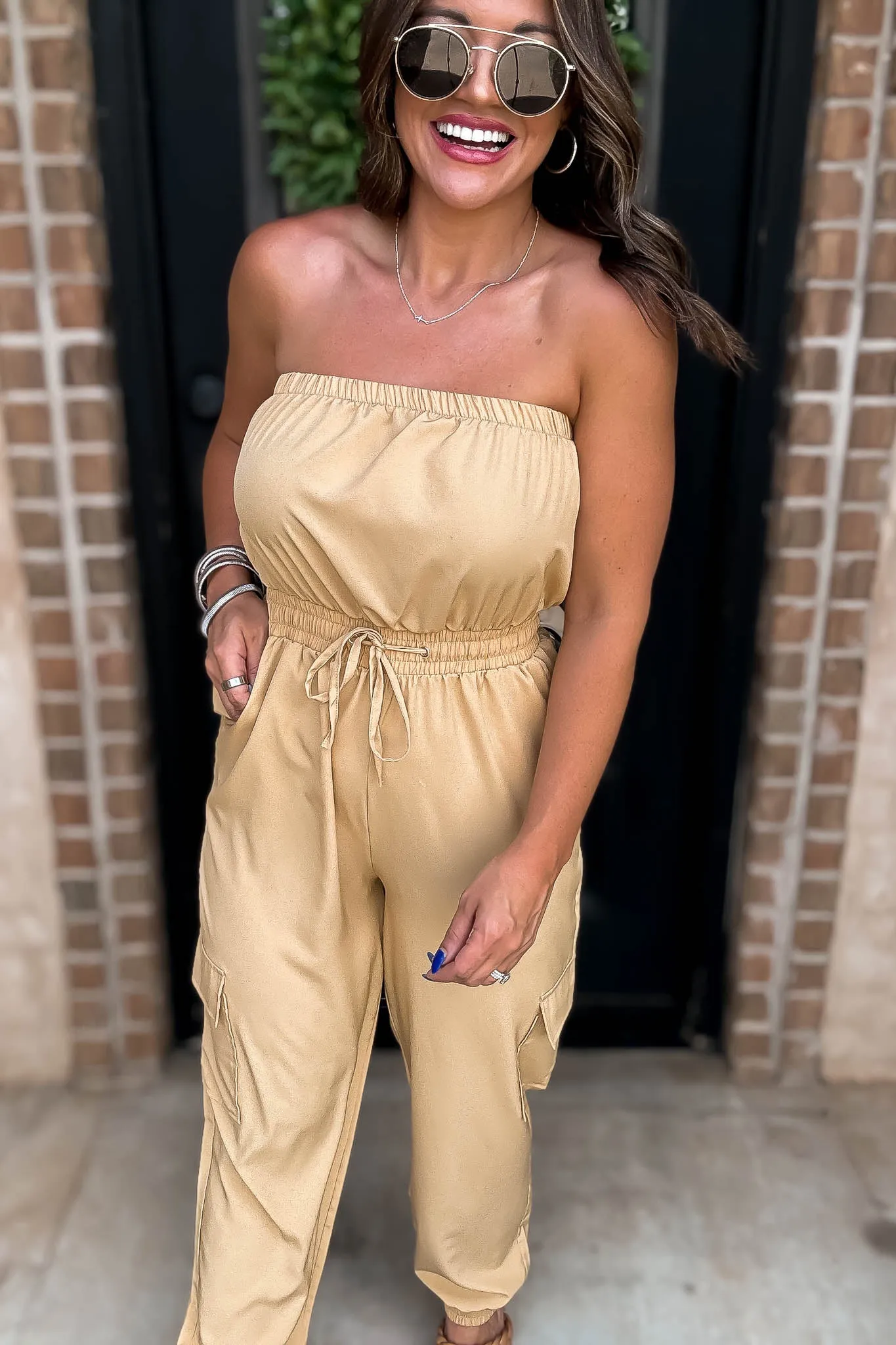 Long Khaki Cargo Drawstring Jogger Jumpsuit