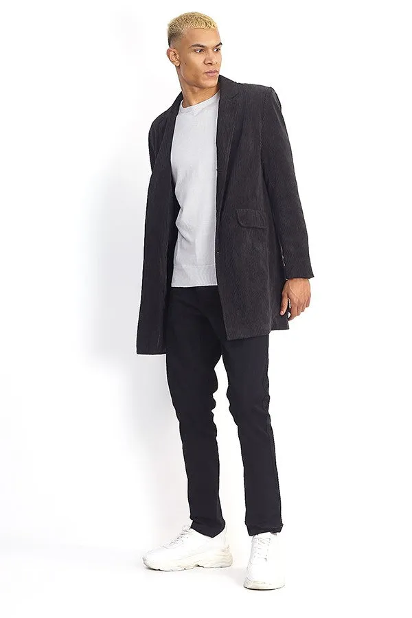 LONGLINE BLACK BUTTON UP CORDUROY COAT