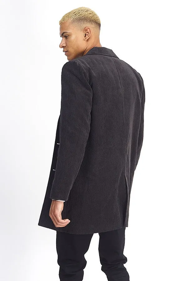 LONGLINE BLACK BUTTON UP CORDUROY COAT