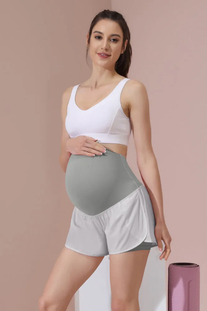 Maacie Gray Women Maternity Layered Fast Drying Yoga Shorts with Liner Inner Pocket