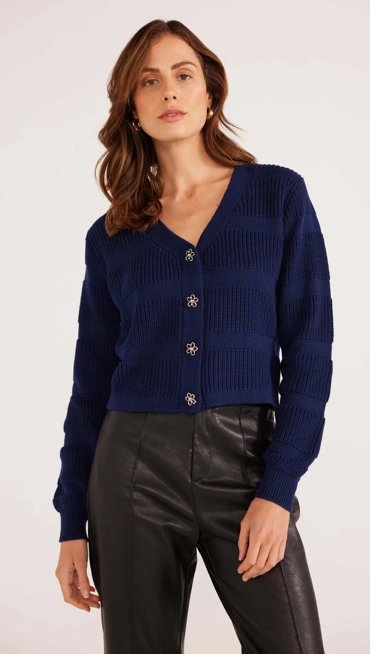 Macy Stripe Rib Knit Cardigan- Navy