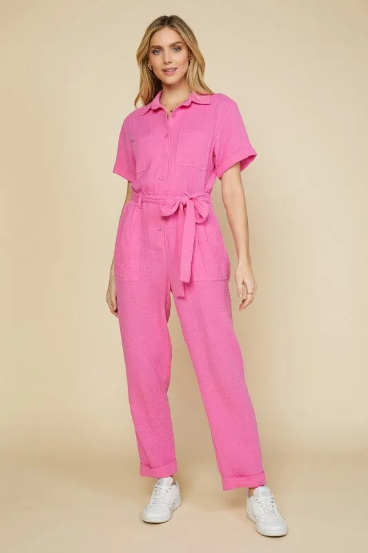 Marina Short Sleeve Tie Front Jumpsuit