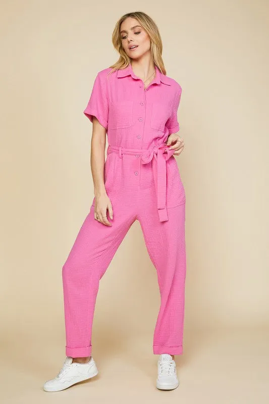 Marina Short Sleeve Tie Front Jumpsuit